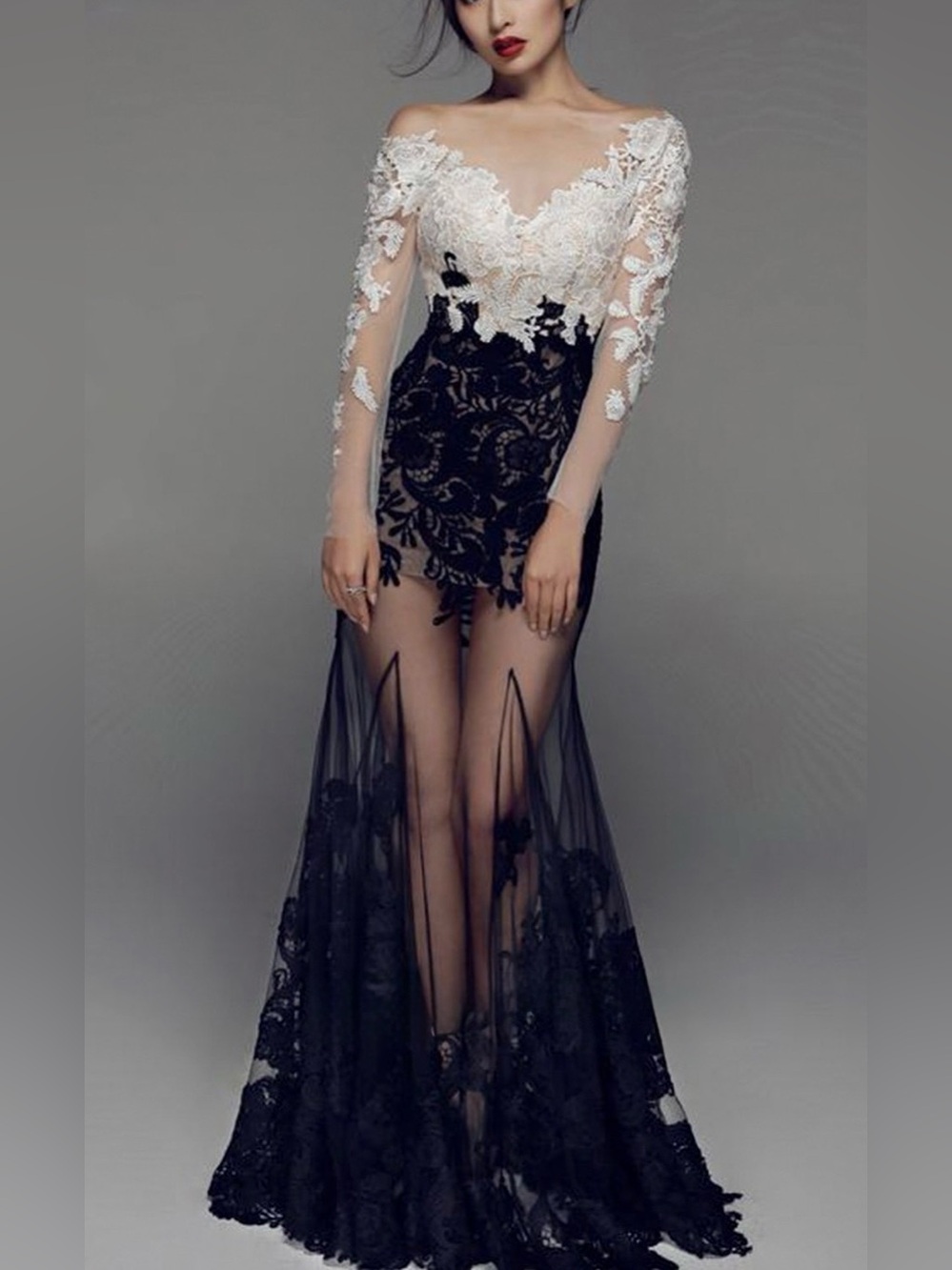 Mermaid Style Gown Dress featuring Lace Long Sleeve See Through Sz 6 NWT